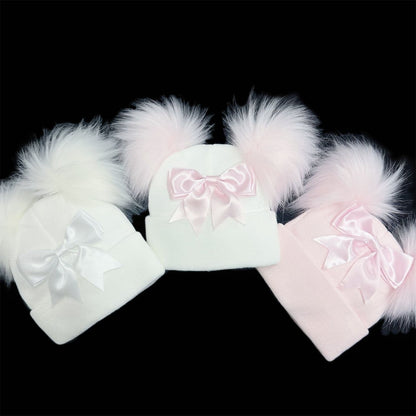 Baby Girls White Double Faux Fur Pom Hat with Pink Bow