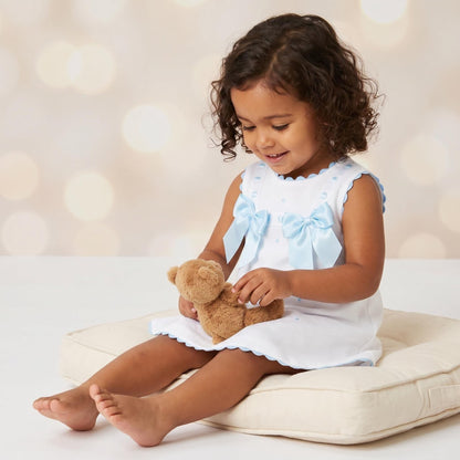 Baby Girl White Waffle Cotton Dress with Blue Bow "8602 B"