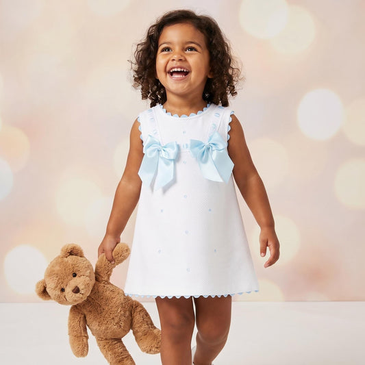 Baby Girl White Waffle Cotton Dress with Blue Bow "8602 B"