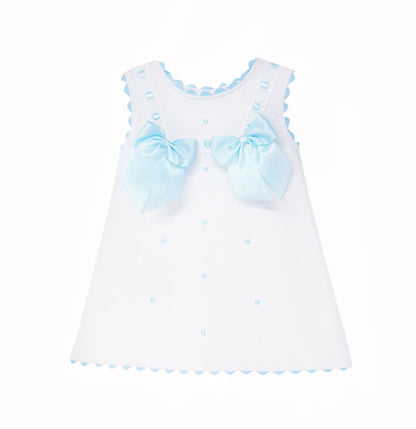 Baby Girl White Waffle Cotton Dress with Blue Bow "8602 B"