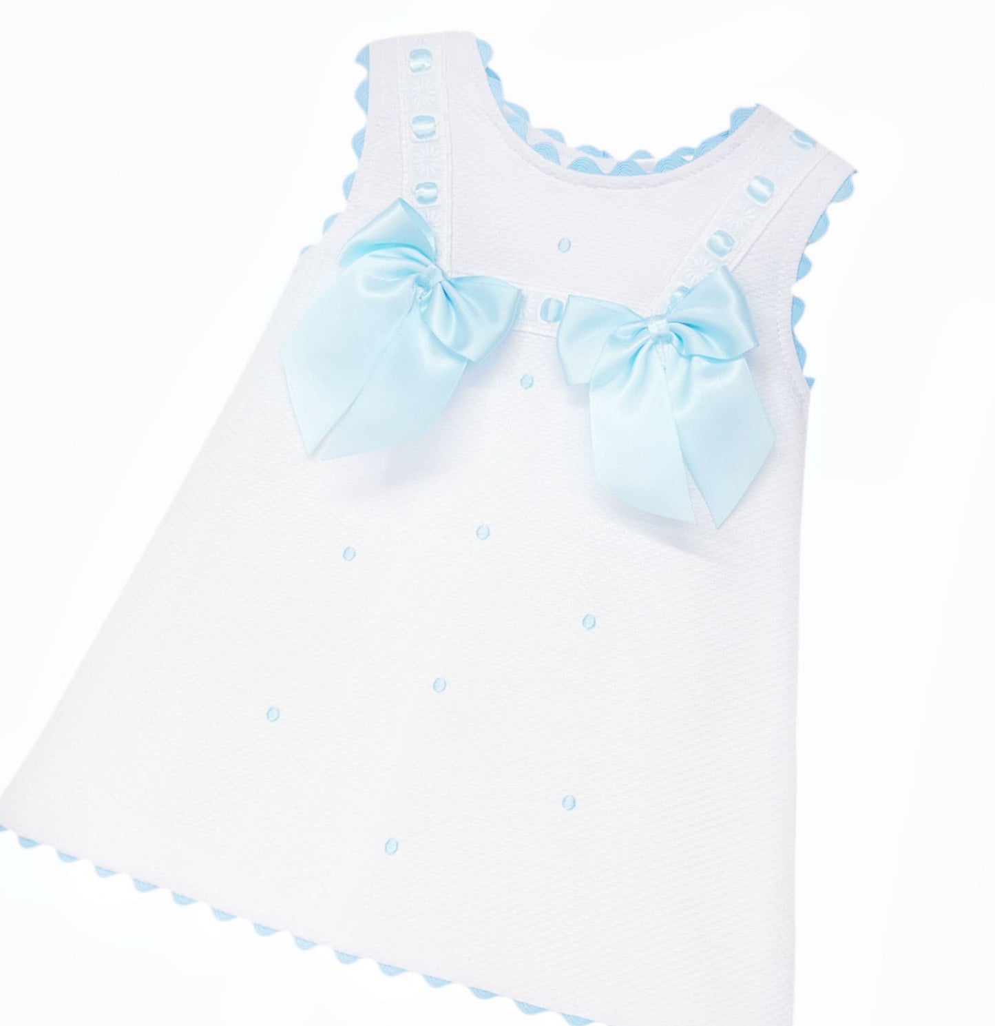 Baby Girl White Waffle Cotton Dress with Blue Bow "8602 B"