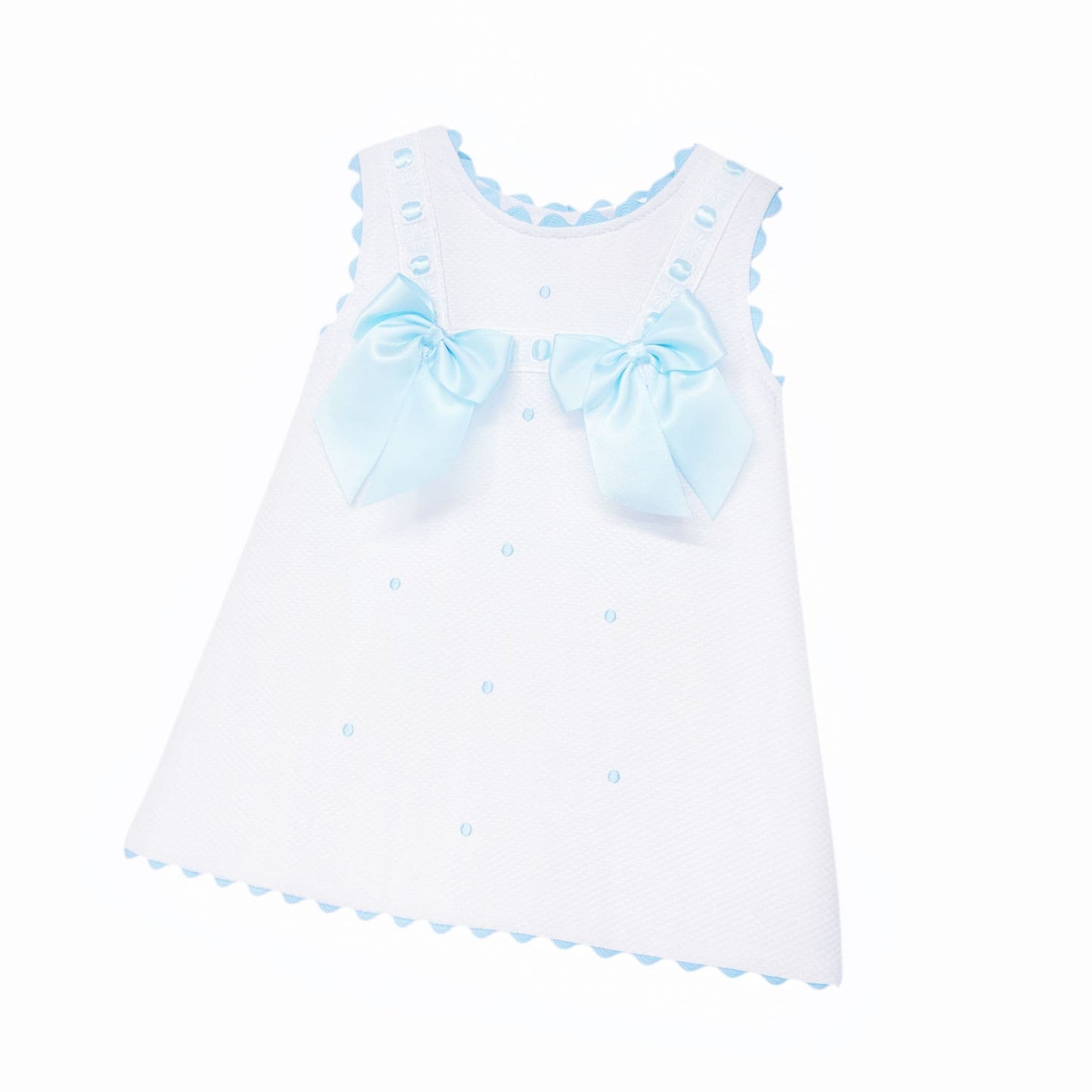 Baby Girl White Waffle Cotton Dress with Blue Bow "8602 B"