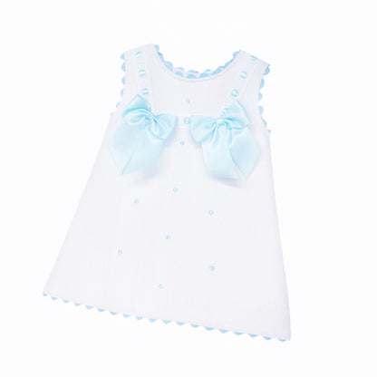 Baby Girl White Waffle Cotton Dress with Blue Bow "8602 B"