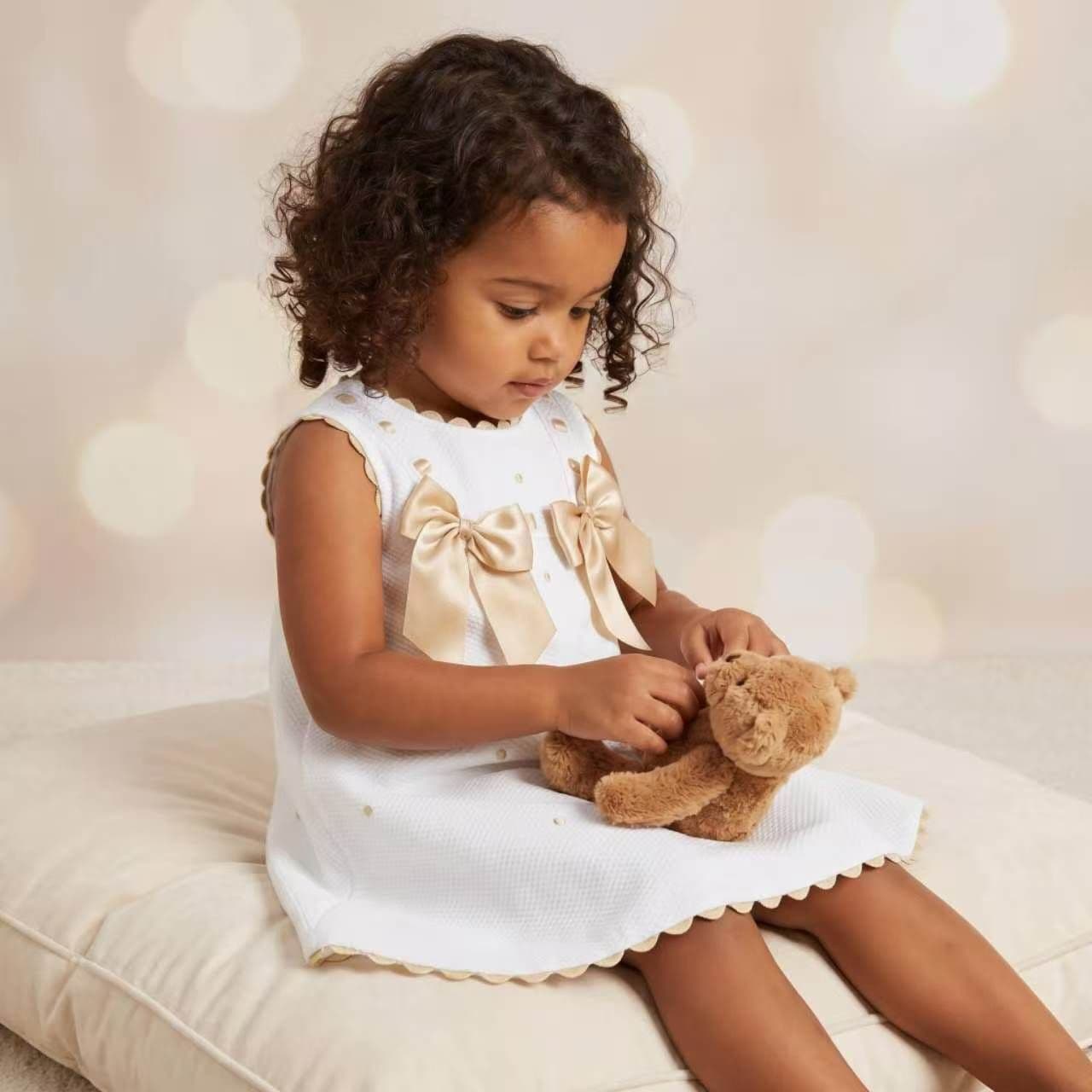 Baby Girl White Waffle Cotton Dress with Camel Bow "8602 C"