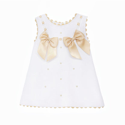 Baby Girl White Waffle Cotton Dress with Camel Bow "8602 C"