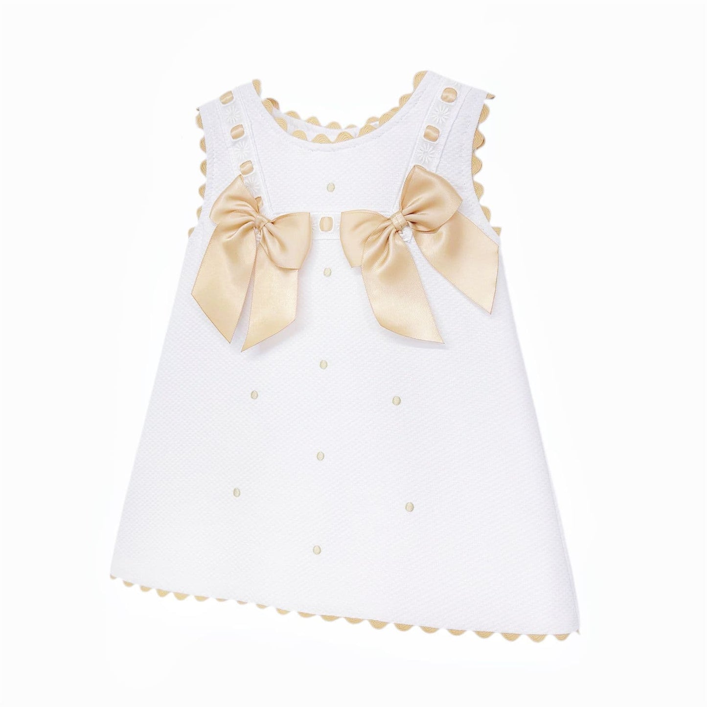 Baby Girl White Waffle Cotton Dress with Camel Bow "8602 C"