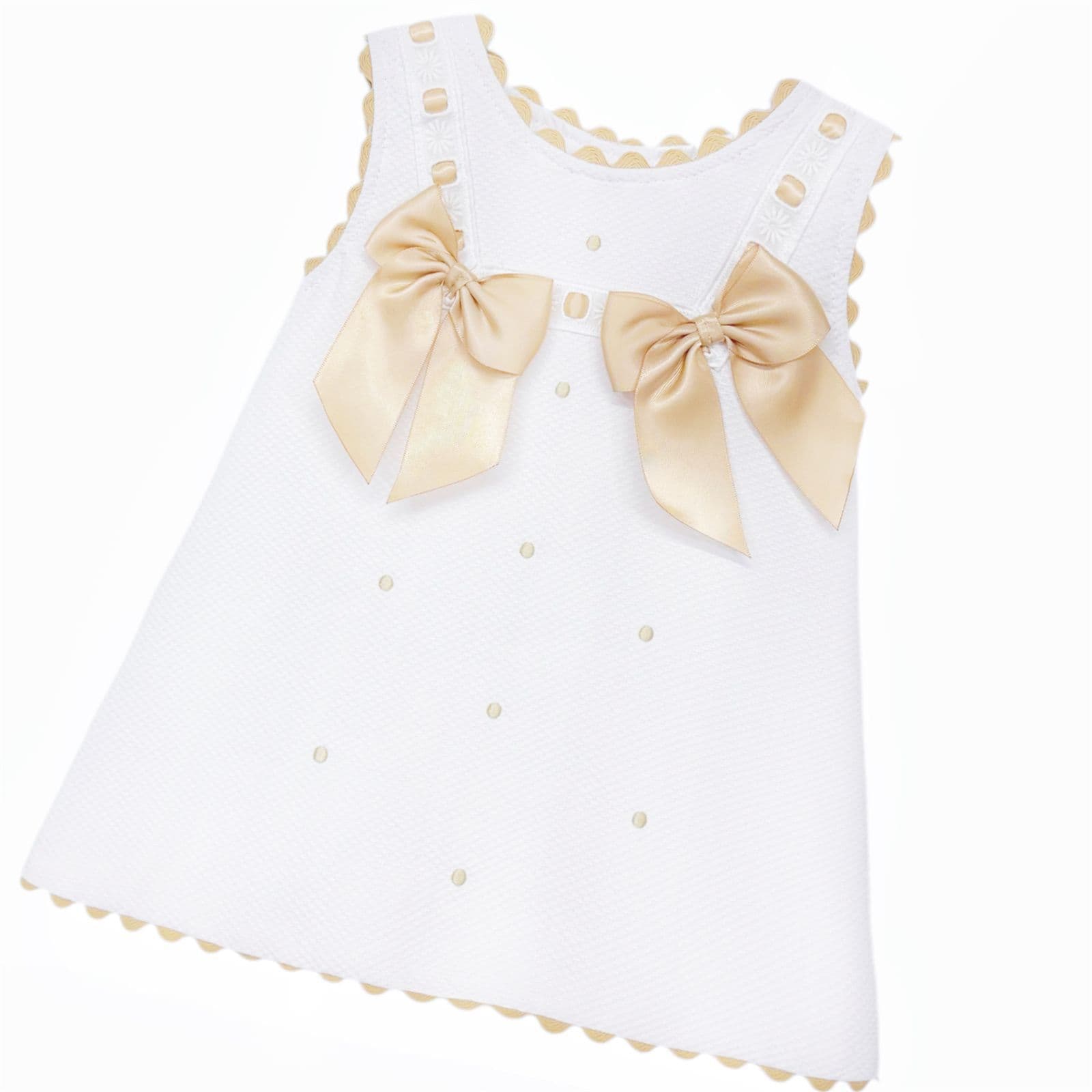 Baby Girl White Waffle Cotton Dress with Camel Bow "8602 C"
