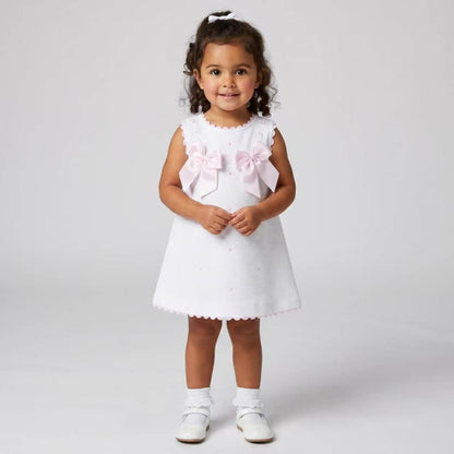 Baby Girl White Waffle Cotton Dress with Pink Bow "8602 WP"