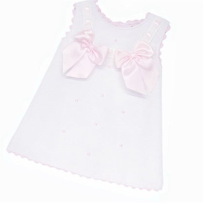 Baby Girl White Waffle Cotton Dress with Pink Bow "8602 WP"
