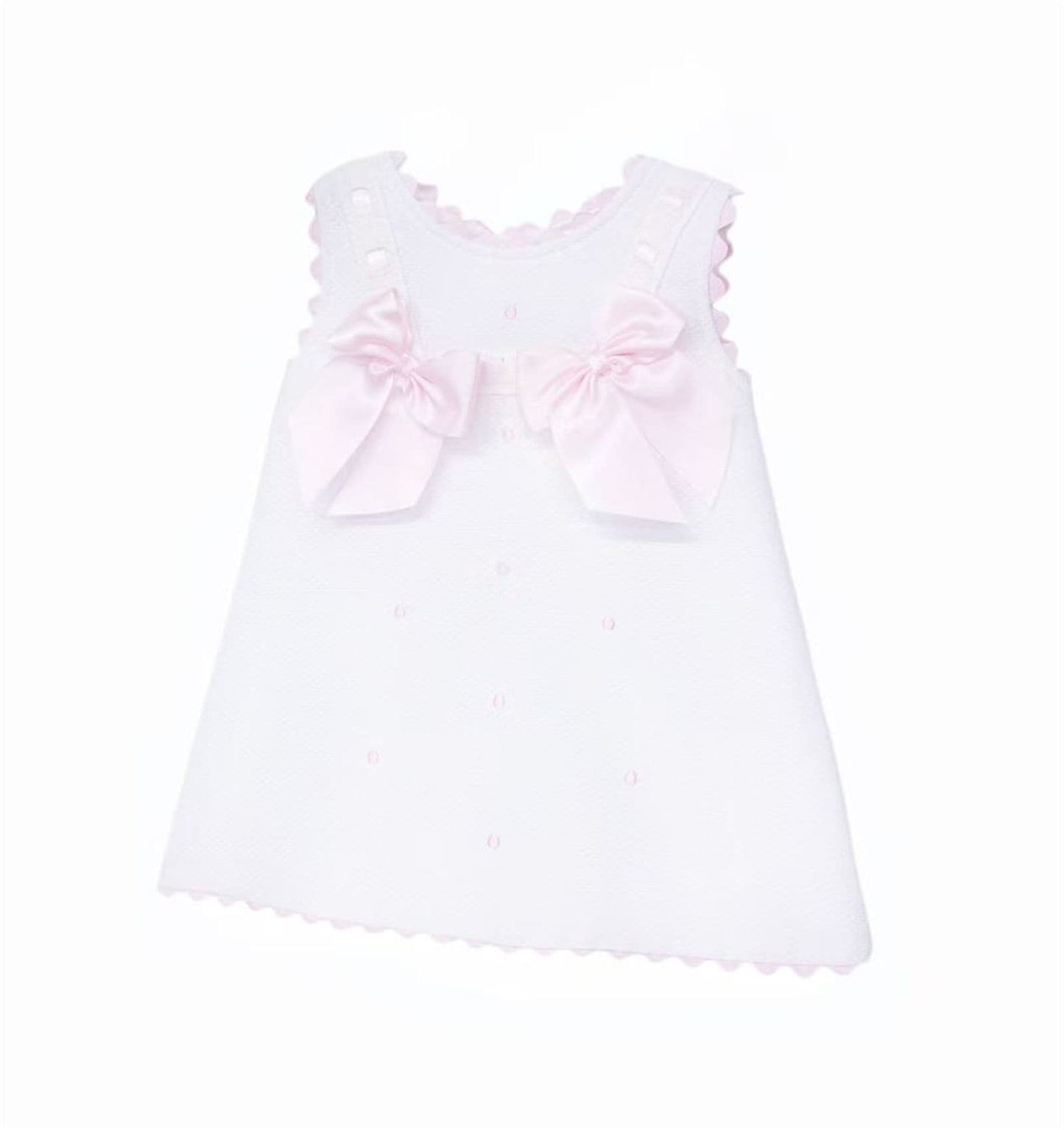 Baby Girl White Waffle Cotton Dress with Pink Bow "8602 WP"