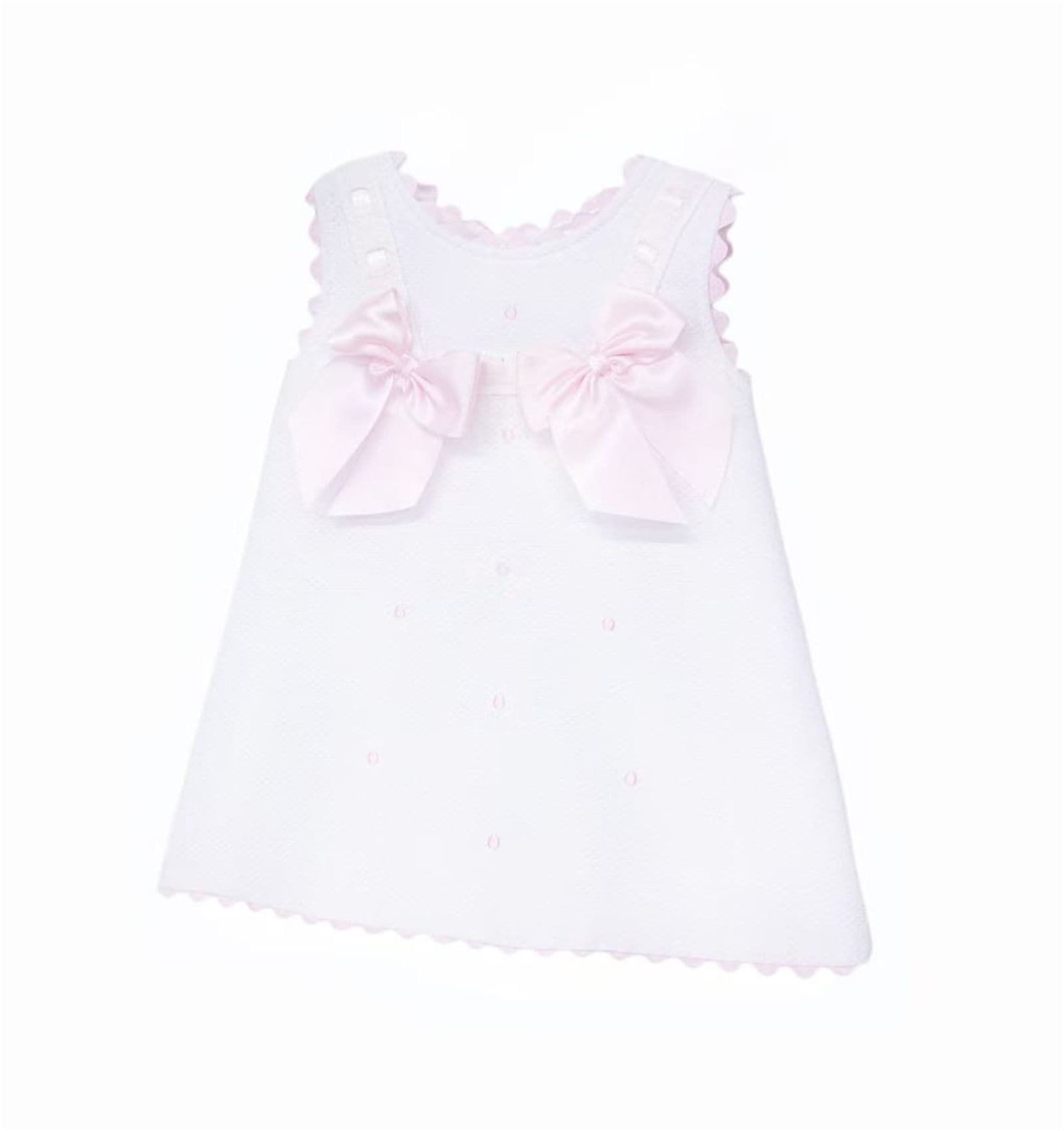 Baby Girl White Waffle Cotton Dress with Pink Bow "8602 WP"