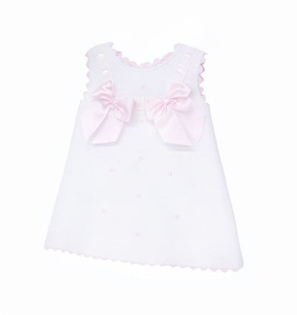 Baby Girl White Waffle Cotton Dress with Pink Bow "8602 WP"