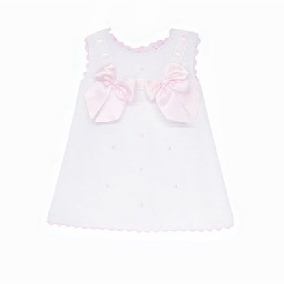 Baby Girl White Waffle Cotton Dress with Pink Bow "8602 WP"