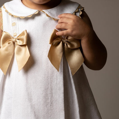 Baby Girl White Waffle Dress with Camel Satin Bows "2602 C"