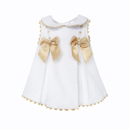 Baby Girl White Waffle Dress with Camel Satin Bows "2602 C"