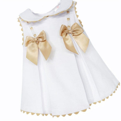 Baby Girl White Waffle Dress with Camel Satin Bows "2602 C"