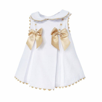 Baby Girl White Waffle Dress with Camel Satin Bows "2602 C"