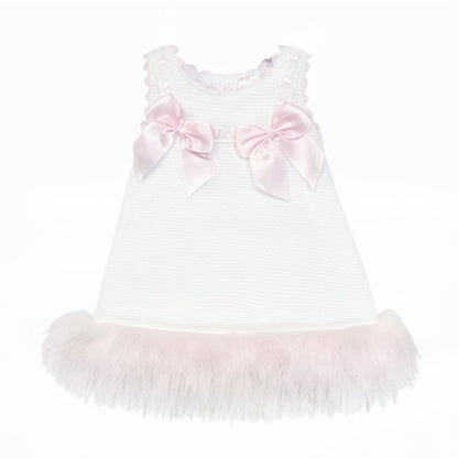 Baby Girl White Waffle Dress with Pink Fur Bottom "8612WP"