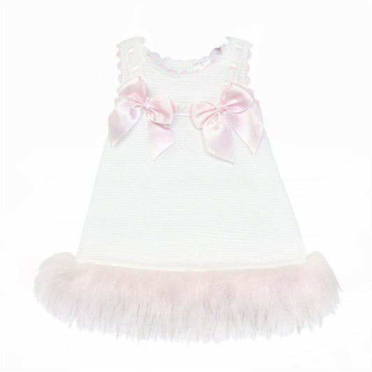Baby Girl White Waffle Dress with Pink Fur Bottom "8612WP"