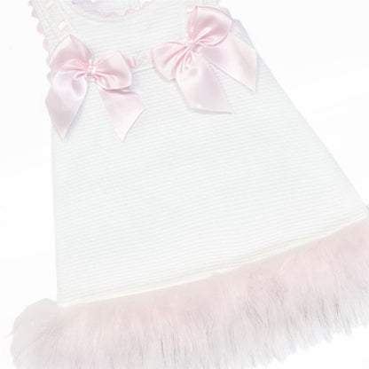 Baby Girl White Waffle Dress with Pink Fur Bottom "8612WP"
