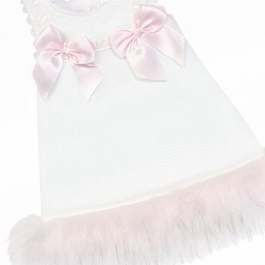 Baby Girl White Waffle Dress with Pink Fur Bottom "8612WP"