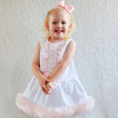 Baby Girl White Waffle Faux Fur Trim Dress Pink Bow "1812 WP"