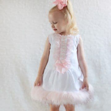 Baby Girl White Waffle Faux Fur Trim Dress Pink Bow "1812 WP"