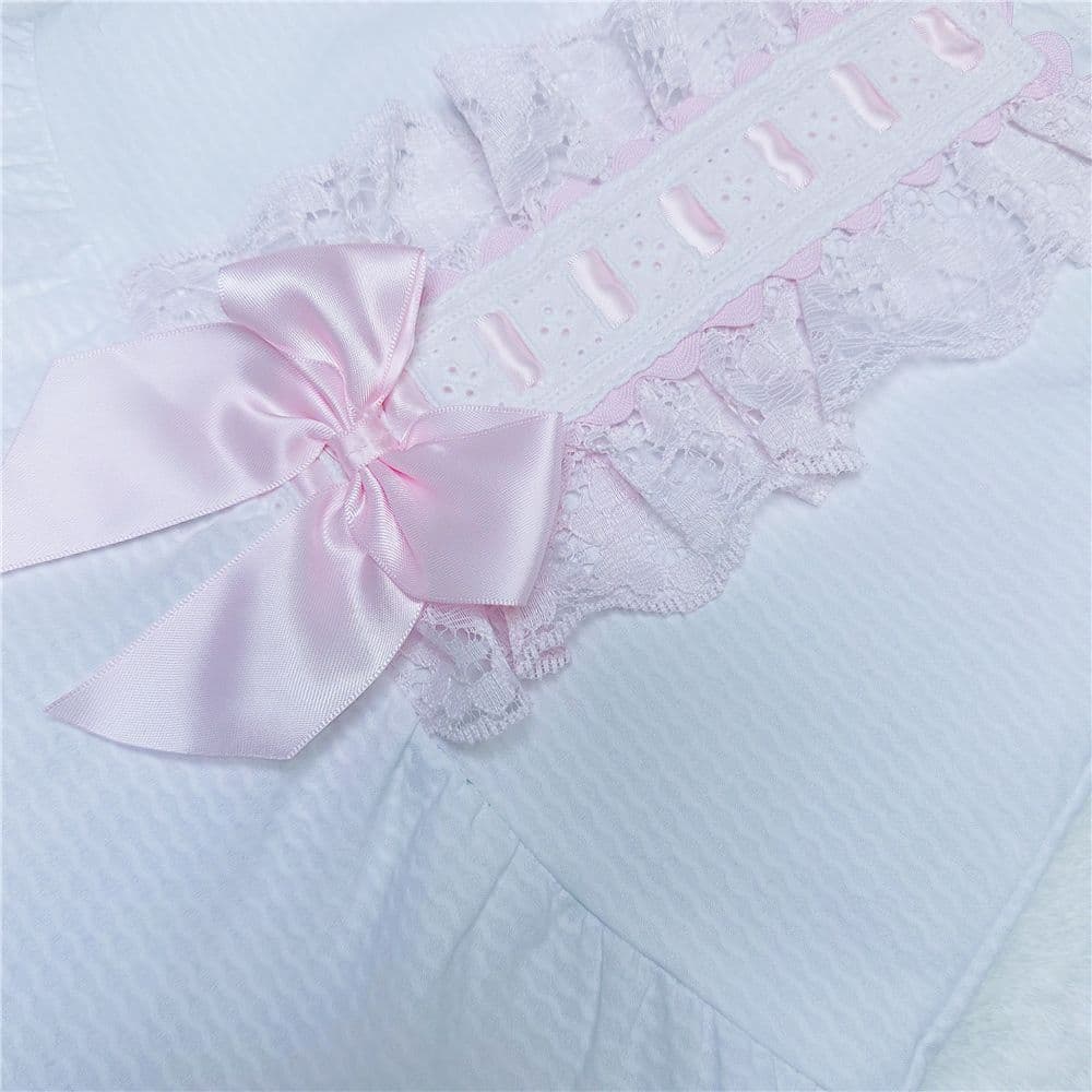 Baby Girl White Waffle Faux Fur Trim Dress Pink Bow "1812 WP"