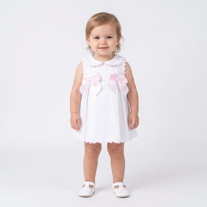 Baby Girl White Waffle with Pink Bow Dress "2602"