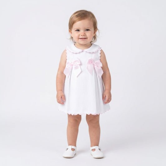 Baby Girl White Waffle with Pink Bow Dress "2602"