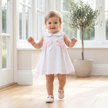 Baby Girl White Waffle with Pink Bow Dress "2602"