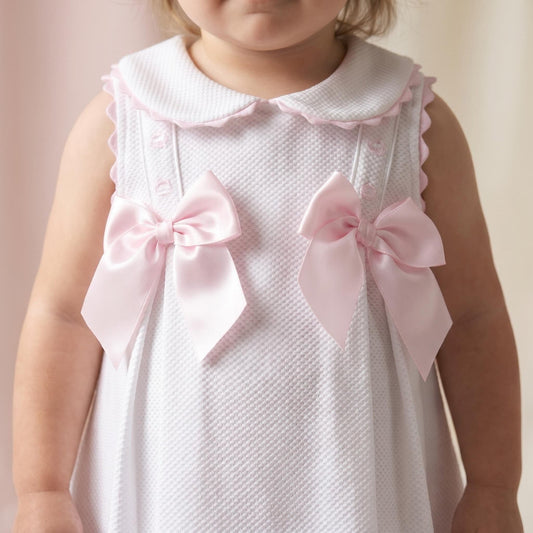 Baby Girl White Waffle with Pink Bow Dress "2602"