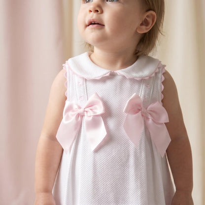 Baby Girl White Waffle with Pink Bow Dress "2602"