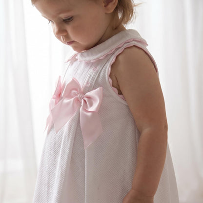 Baby Girl White Waffle with Pink Bow Dress "2602"