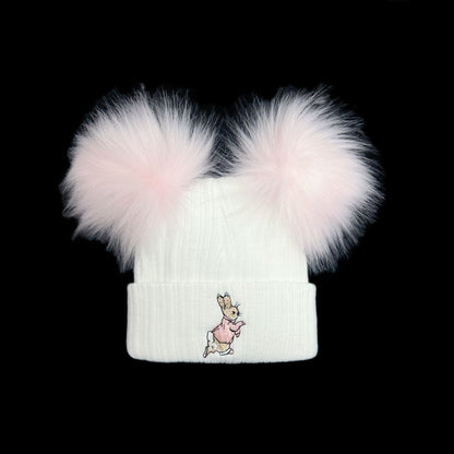 Baby Girls White with Pink Double Faux Fur Pom Hat Bunny Embroidery