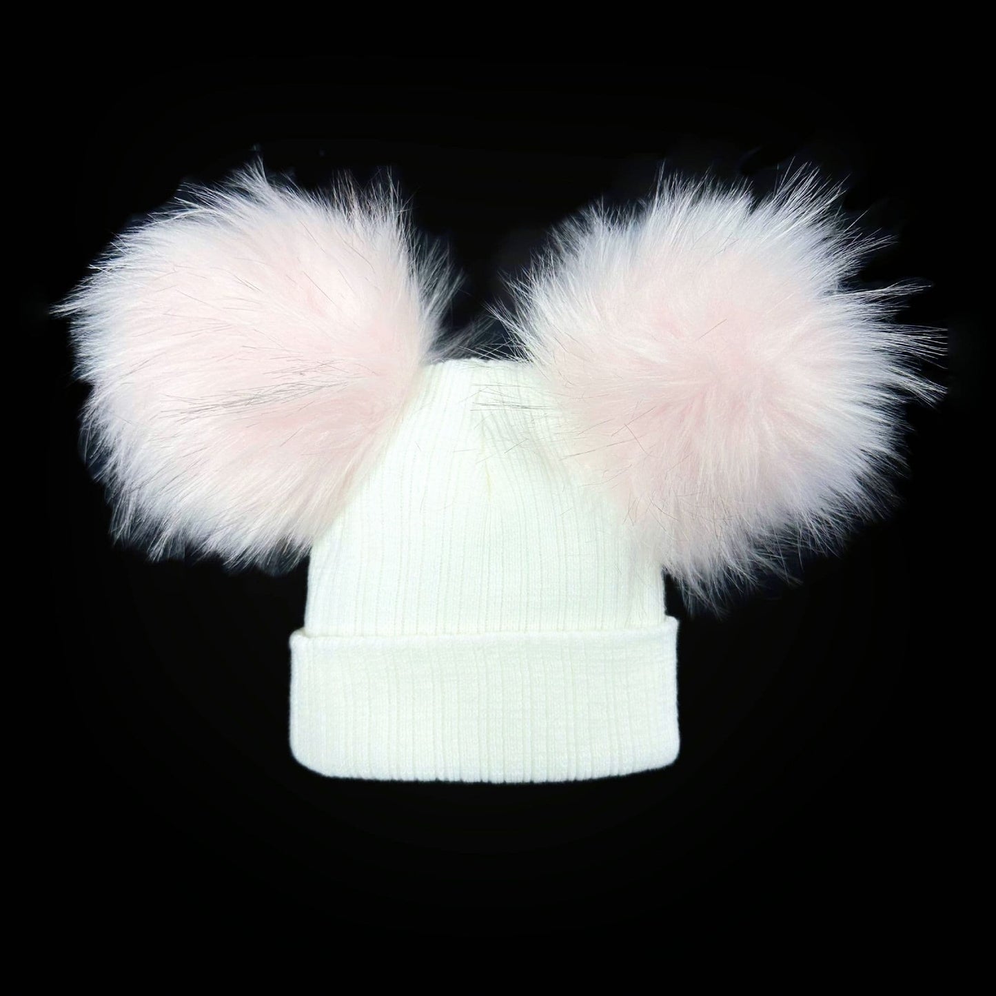 Baby Girls White with Pink Double Faux Fur Pom Hat Ribbed Knit