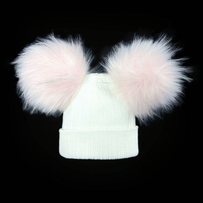 Baby Girls White with Pink Double Faux Fur Pom Hat Ribbed Knit