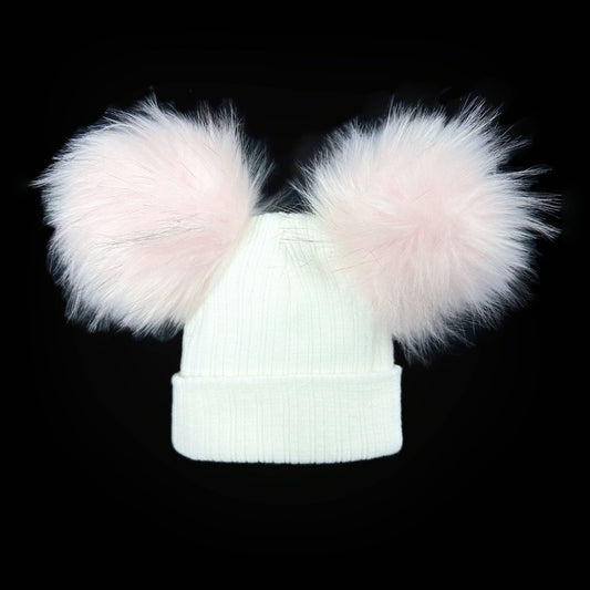 Baby Girls White with Pink Double Faux Fur Pom Hat Ribbed Knit