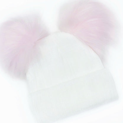 Baby Girls White with Pink Double Faux Fur Pom Hat Ribbed Knit