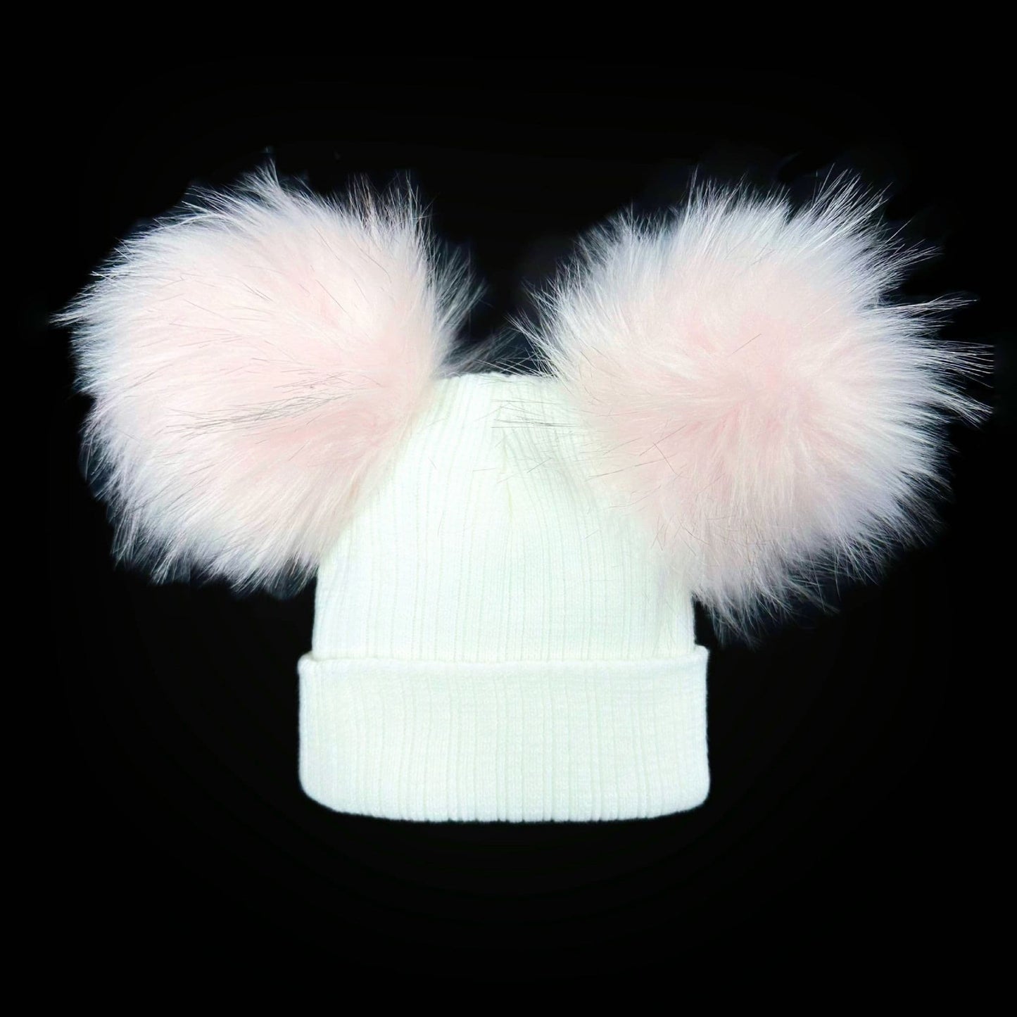 Baby Girls White with Pink Mega Double Pom Hat Faux Fur