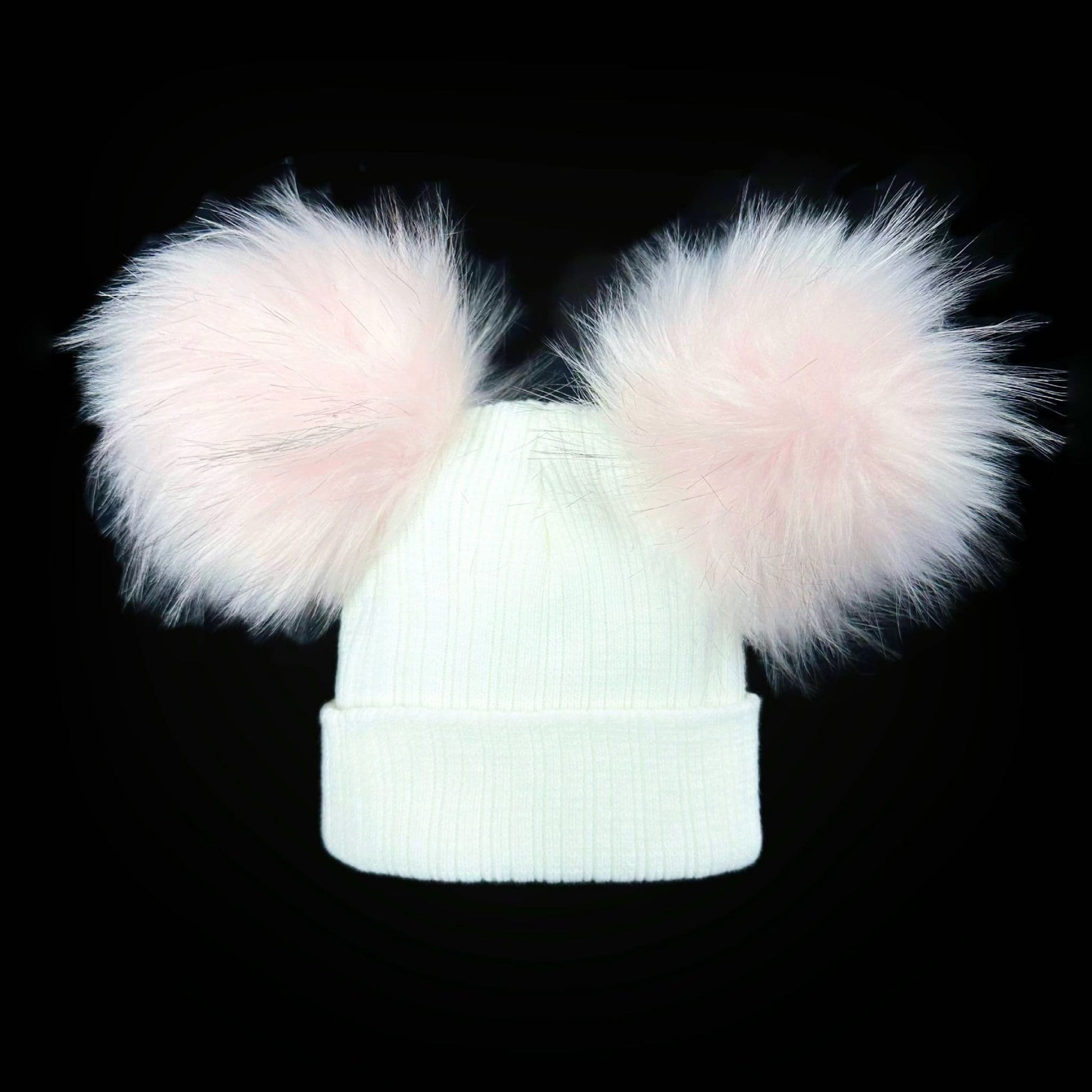 Baby Girls White with Pink Mega Double Pom Hat Faux Fur
