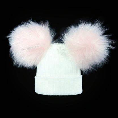 Baby Girls White with Pink Mega Double Pom Hat Faux Fur