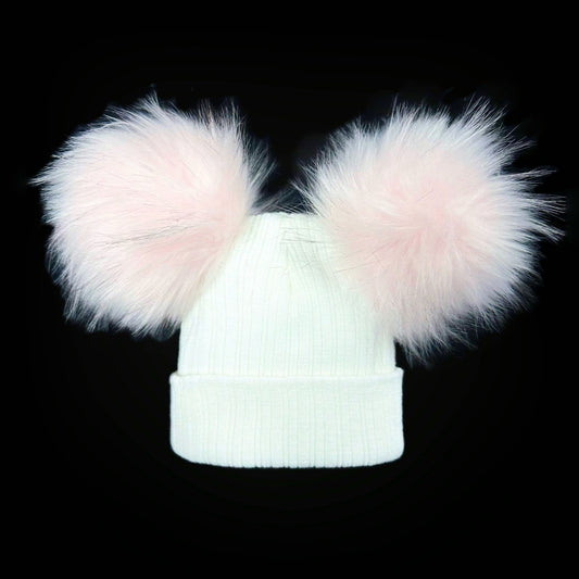 Baby Girls White with Pink Mega Double Pom Hat Faux Fur