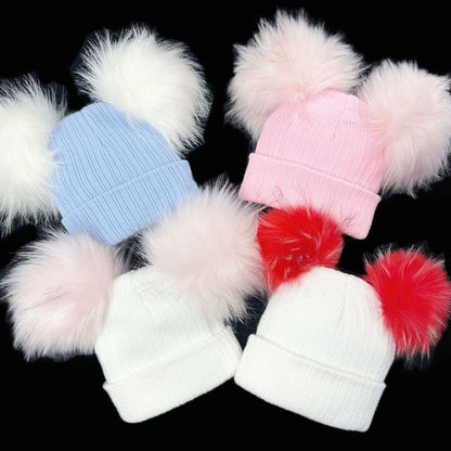 Baby Girls White with Pink Mega Double Pom Hat Faux Fur