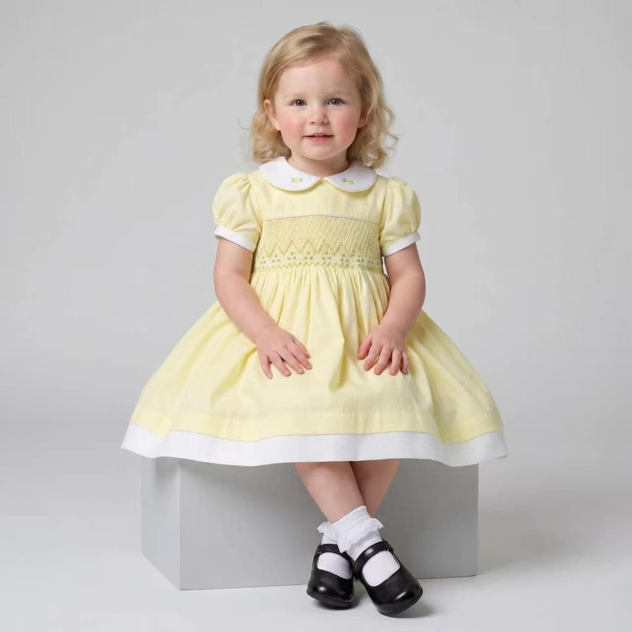 Baby Girl Yellow Cotton Hand Smocked Puff Ball Dress "2610"
