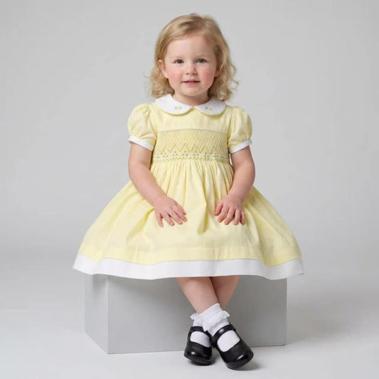Baby Girl Yellow Cotton Hand Smocked Puff Ball Dress "2610"