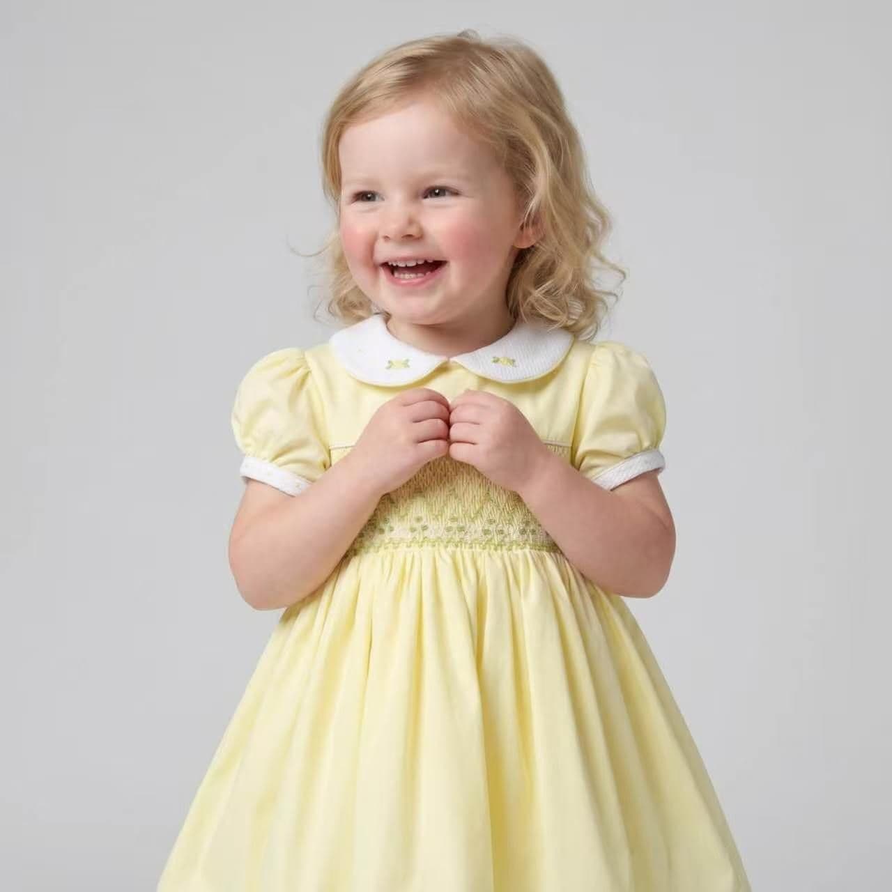 Baby Girl Yellow Cotton Hand Smocked Puff Ball Dress "2610"