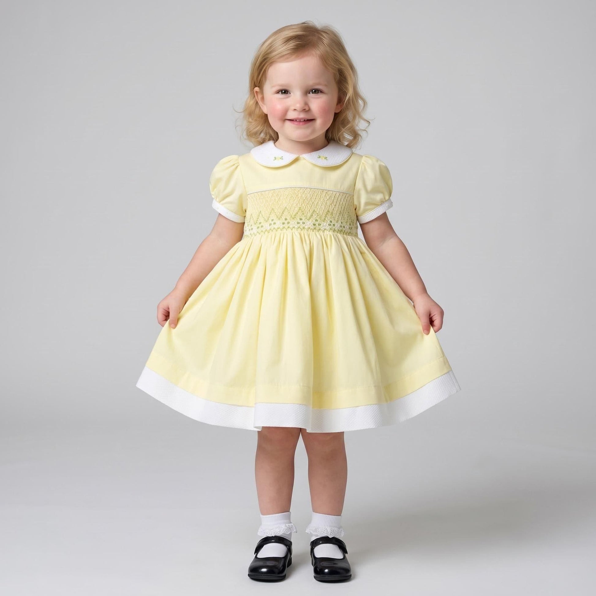 Baby Girl Yellow Cotton Hand Smocked Puff Ball Dress "2610"