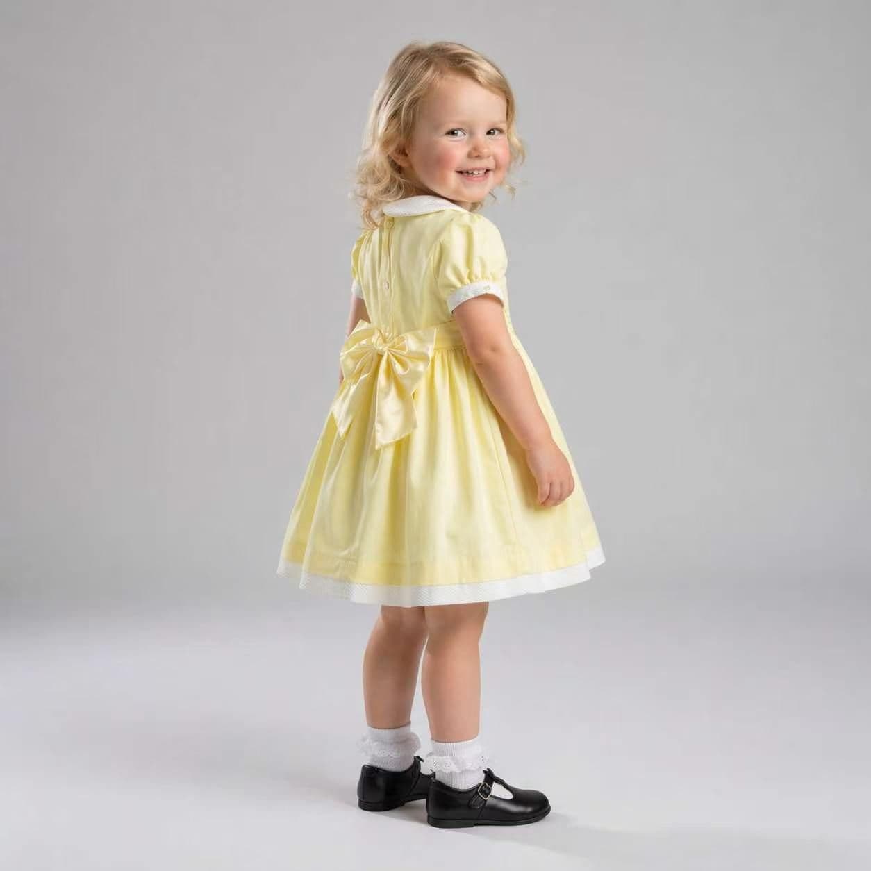 Baby Girl Yellow Cotton Hand Smocked Puff Ball Dress "2610"