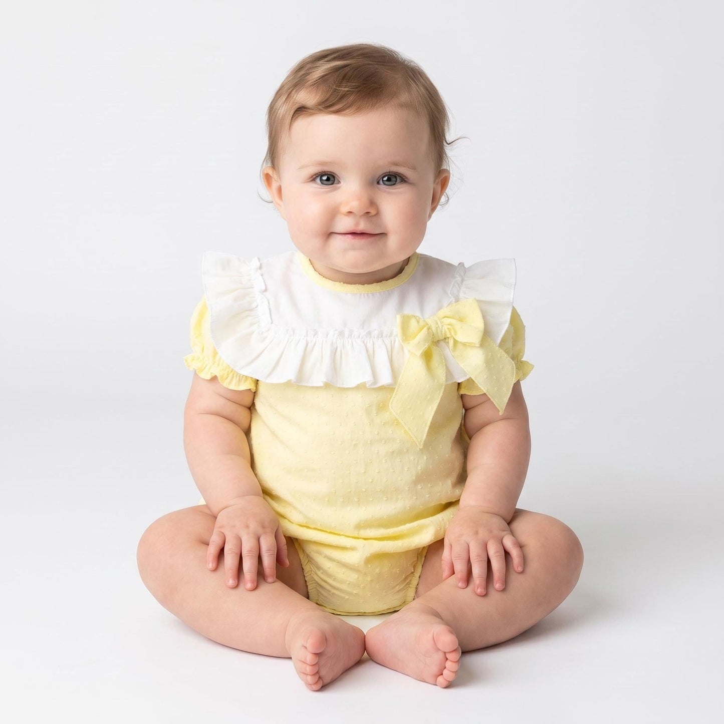 Baby Girl Yellow Cotton Plumetis Romper "MYD26019"
